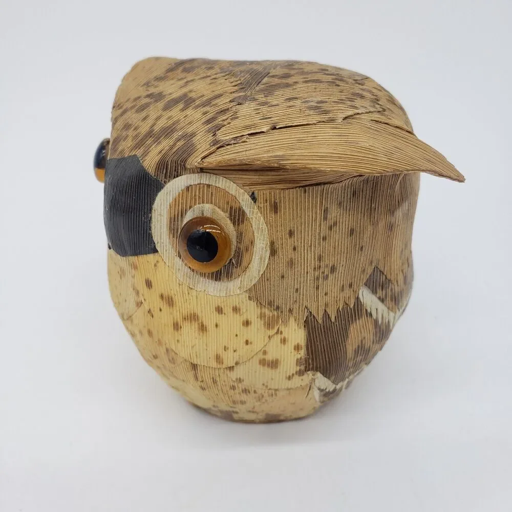 Japanese Wooden Tree Bark Crafted Owl‎ Bank Fukuro Statue Lucky Figure